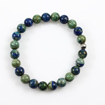 Köves ásványi ékszer Kék-zöld festett jáspis 8mm golyókból, AgRh golyóval, gumis karkötő  19,5cm