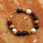 Füstkvarc,fa,barokk gyöngy őszi karkötő
