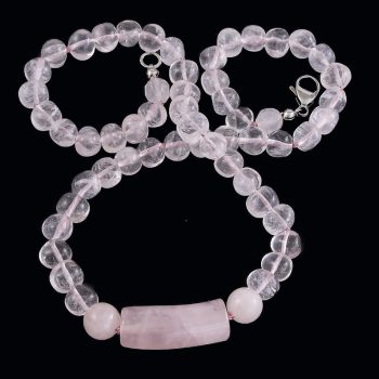 Köves ékszer Rózsakvarc golyók nyaklánc hengeres medállal